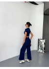 Osy Modal Yumuşak Dokulu Kumaş Kısa Kollu Crop Alt ispanyol Paça Pantalon ikili Takım - Lacivert