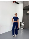 Osy Modal Yumuşak Dokulu Kumaş Kısa Kollu Crop Alt ispanyol Paça Pantalon ikili Takım - Lacivert
