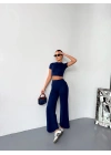 Osy Modal Yumuşak Dokulu Kumaş Kısa Kollu Crop Alt ispanyol Paça Pantalon ikili Takım - Lacivert