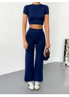 Osy Modal Yumuşak Dokulu Kumaş Kısa Kollu Crop Alt ispanyol Paça Pantalon ikili Takım - Lacivert