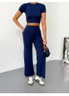 Osy Modal Yumuşak Dokulu Kumaş Kısa Kollu Crop Alt ispanyol Paça Pantalon ikili Takım - Lacivert