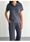 Osy Modal Yumuşak Dokulu Kumaş Kısa Kollu Yakalı T-shirt Pantalon ikili Takım- Antrasit