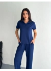 Osy Modal Yumuşak Dokulu Kumaş Kısa Kollu Yakalı T-shirt Pantalon ikili Takım- Lacivert