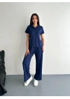Osy Modal Yumuşak Dokulu Kumaş Kısa Kollu Yakalı T-shirt Pantalon ikili Takım- Lacivert