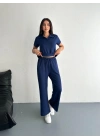 Osy Modal Yumuşak Dokulu Kumaş Kısa Kollu Yakalı T-shirt Pantalon ikili Takım- Lacivert