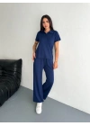 Osy Modal Yumuşak Dokulu Kumaş Kısa Kollu Yakalı T-shirt Pantalon ikili Takım- Lacivert