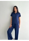 Osy Modal Yumuşak Dokulu Kumaş Kısa Kollu Yakalı T-shirt Pantalon ikili Takım- Lacivert