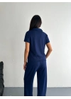 Osy Modal Yumuşak Dokulu Kumaş Kısa Kollu Yakalı T-shirt Pantalon ikili Takım- Lacivert