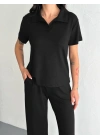 Osy Modal Yumuşak Dokulu Kumaş Kısa Kollu Yakalı T-shirt Pantalon ikili Takım- Siyah