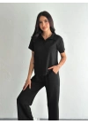 Osy Modal Yumuşak Dokulu Kumaş Kısa Kollu Yakalı T-shirt Pantalon ikili Takım- Siyah