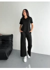 Osy Modal Yumuşak Dokulu Kumaş Kısa Kollu Yakalı T-shirt Pantalon ikili Takım- Siyah
