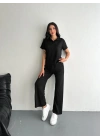 Osy Modal Yumuşak Dokulu Kumaş Kısa Kollu Yakalı T-shirt Pantalon ikili Takım- Siyah