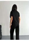Osy Modal Yumuşak Dokulu Kumaş Kısa Kollu Yakalı T-shirt Pantalon ikili Takım- Siyah