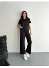 Osy Modal Yumuşak Dokulu Kumaş Kısa Kollu Yakalı T-shirt Pantalon ikili Takım- Siyah