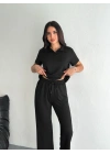 Osy Modal Yumuşak Dokulu Kumaş Kısa Kollu Yakalı T-shirt Pantalon ikili Takım- Siyah