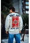 Oversize Bisiklet Yaka Üç İplik Baskılı SweatShirt - Beyaz