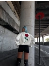 Oversize Üç İplik Bisiklet Yaka Baskılı SweatShirt - Beyaz