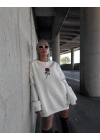 Oversize Üç İplik Bisiklet Yaka Baskılı SweatShirt - Beyaz