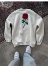 Oversize Üç İplik Bisiklet Yaka Baskılı SweatShirt - Beyaz