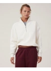 Oversize Yarım Farmuarlı Yakalı Basic SweatShirt - Beyaz