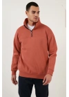Oversize Yarım Farmuarlı Yakalı Basic SweatShirt - Gül Kurusu