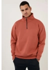 Oversize Yarım Farmuarlı Yakalı Basic SweatShirt - Gül Kurusu