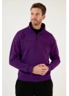 Oversize Yarım Farmuarlı Yakalı Basic SweatShirt - Mor