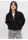 Oversize Yarım Farmuarlı Yakalı Basic SweatShirt - Siyah
