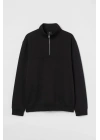 Oversize Yarım Farmuarlı Yakalı Basic SweatShirt - Siyah
