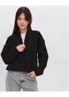 Oversize Yarım Farmuarlı Yakalı Basic SweatShirt - Siyah