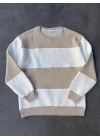 Parçalı Bisiklet Yaka Baskılı SweatShirt - Bej