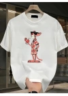Pembe Panter Baskılı Erkek Oversize Günlük Kısa Kollu Tişört İlkbahar ve Yaz için Mükemmeldir - Beyaz