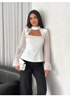 Penye Uzun Kollu Kadın Kolları Şifon Göğüste İnci Boncuk detaylı Bluz - Beyaz