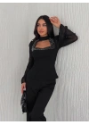 Penye Uzun Kollu Kadın Kolları Şifon Göğüste İnci Boncuk detaylı Bluz - Siyah