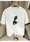 Rahat Bisiklet Yaka Tişört, Yaratıcı Karikatür Baskı - Yumuşak Polyester, Her Mevsim Giyilebilir- Beyaz