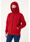 Samuray Ninja Çift Kapüşonlu Kadın Hoodie Oversize Kanguru Cepli, Bahar & Kışlık Fermuarlı Sweatshirt- Kırmızı