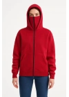 Samuray Ninja Çift Kapüşonlu Kadın Hoodie Oversize Kanguru Cepli, Bahar & Kışlık Fermuarlı Sweatshirt- Kırmızı