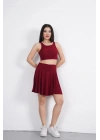 Sendy Kumaş Bisiklet Yaka Crop Şortlu Etek ikili Takım - Bordo