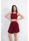Sendy Kumaş Bisiklet Yaka Crop Şortlu Etek ikili Takım - Bordo