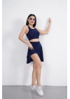 Sendy Kumaş Bisiklet Yaka Crop Şortlu Etek ikili Takım - Lacivert