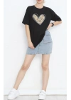 Sevgililer Günü İçin Özel Tasarım Leopar Kalp Baskılı T-shirt - Siyah