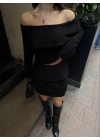 Straplez , Madonna , Carmen Yaka Croplu Mini Etekli ikili Takım Triko - Siyah