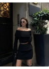Straplez , Madonna , Carmen Yaka Croplu Mini Etekli ikili Takım Triko - Siyah