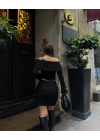 Straplez , Madonna , Carmen Yaka Croplu Mini Etekli ikili Takım Triko - Siyah