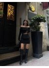 Straplez , Madonna , Carmen Yaka Croplu Mini Etekli ikili Takım Triko - Siyah
