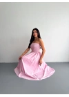 Straplez Pileli Elbise - Pembe
