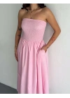 Straplez Pileli Elbise - Pembe