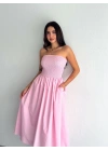 Straplez Pileli Elbise - Pembe