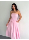 Straplez Pileli Elbise - Pembe