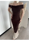 Striptiz Omuzlu Uzun Elbise- Kahve